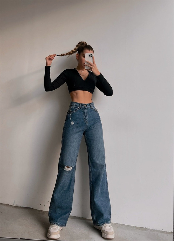 Yüksek Bel Yırtıklı Alanzo Kadın Mavi Palazzo Jean 22K000456