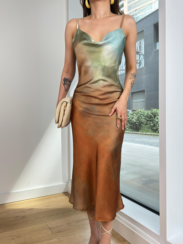 Askılı Degaje Yaka Zakwan Kadın Desenli Mint Midi Elbise 24Y630