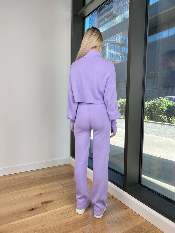 Balıkçı Yaka Crop Geniş Paça Pantolon Barbara Kadın Lila Triko Takım 24k255