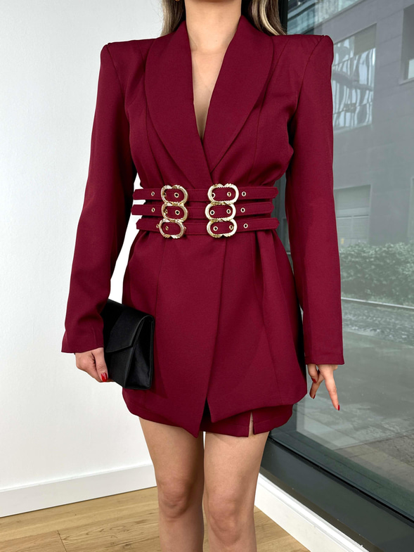 Omuz Vatkalı Belden Kemerli Zealot Bordo Kadın Blazer Ceket 25Y080