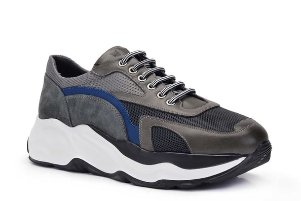 Gri Bağcıklı Mavi Renk Detaylı Yüksek Beyaz Taban Erkek Sneaker Ayakkabı