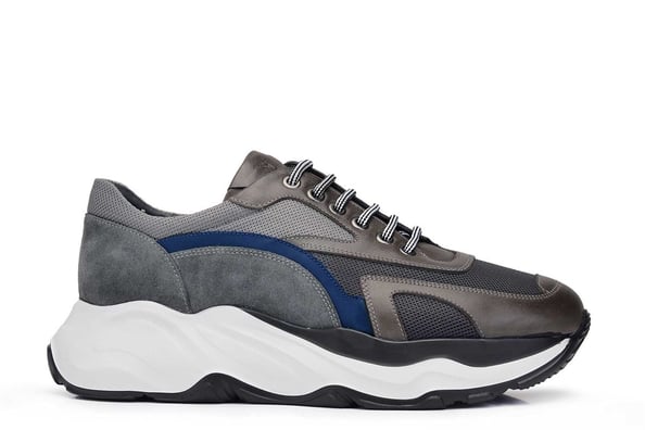 Gri Bağcıklı Mavi Renk Detaylı Yüksek Beyaz Taban Erkek Sneaker Ayakkabı
