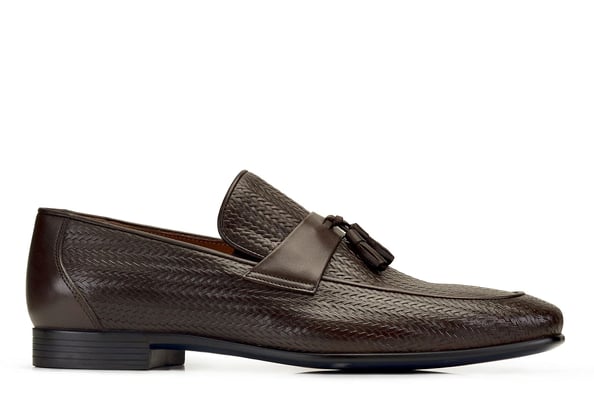 Kahverengi Bağcıksız, Kuşak ve Püskül detaylı Balık Sırtı Baskılı Erkek Ayakkabı  loafer