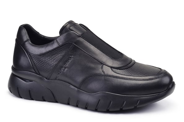 Siyah Bağcıksız Üst Bölge Lastik Detaylı Yüksek Siyah Taban Baskılı Erkek Sneaker Ayakkabı