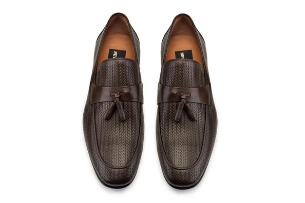 Kahverengi Bağcıksız, Kuşak ve Püskül detaylı Balık Sırtı Baskılı Erkek Ayakkabı  loafer