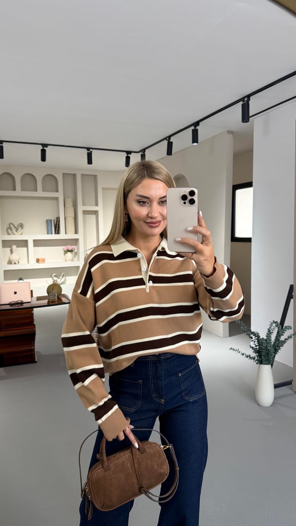 Polo Yaka Çizgili Camel Çelik Triko Kazak