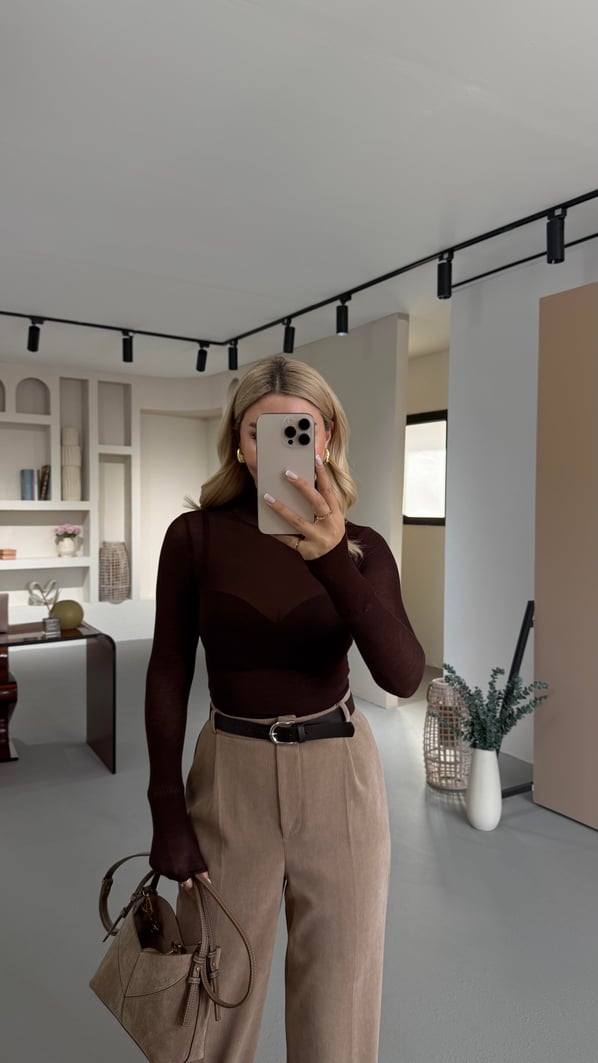 Balıkçı Yaka Kahve Transparan Bluz