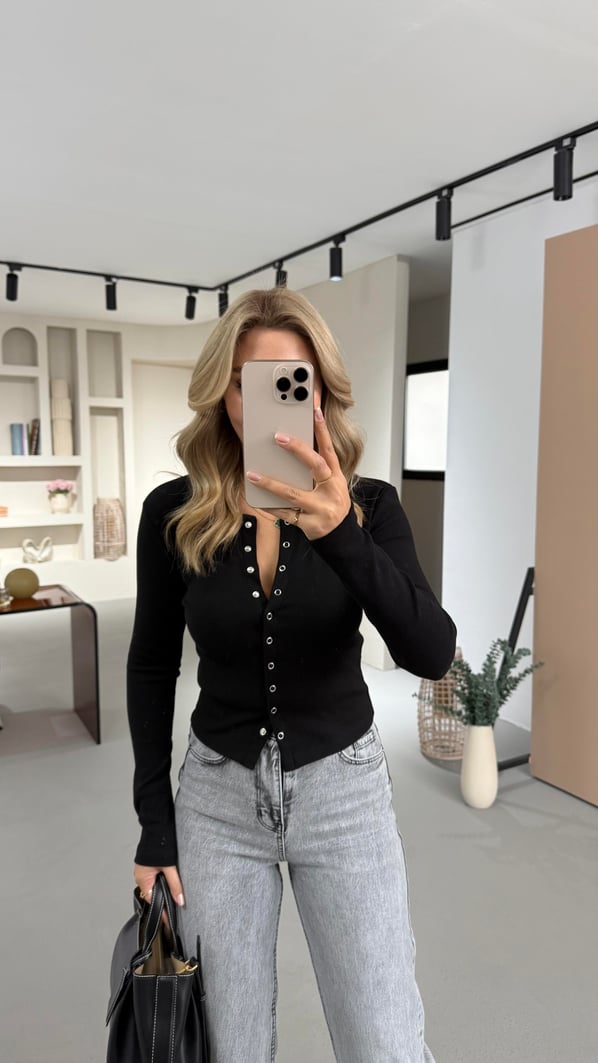 Boydan Pat Düğmeli Fitilli Siyah Basic Bluz