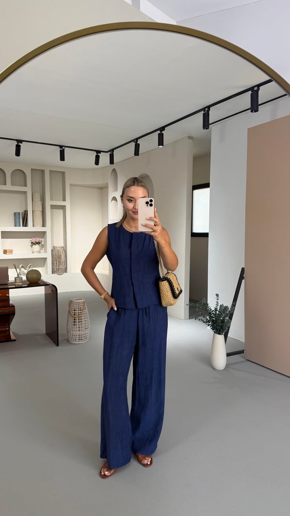 Premium Seri Lacivert Kırınkıl Yelek Pantolon Takım