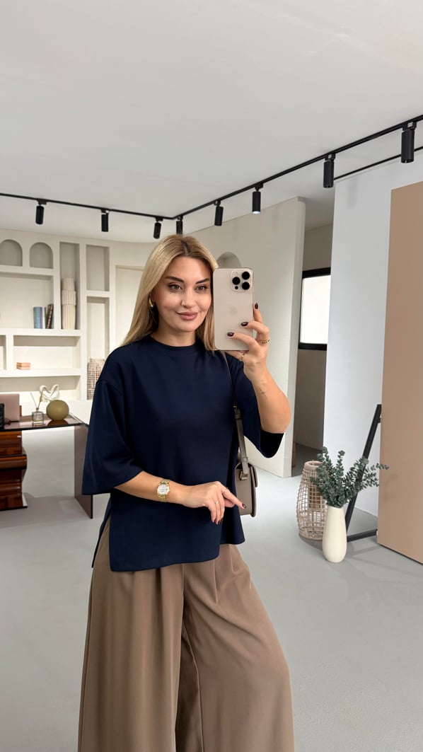 Yırtmaç Detay Oversize Lacivert Tok Modal Basic Tshirt