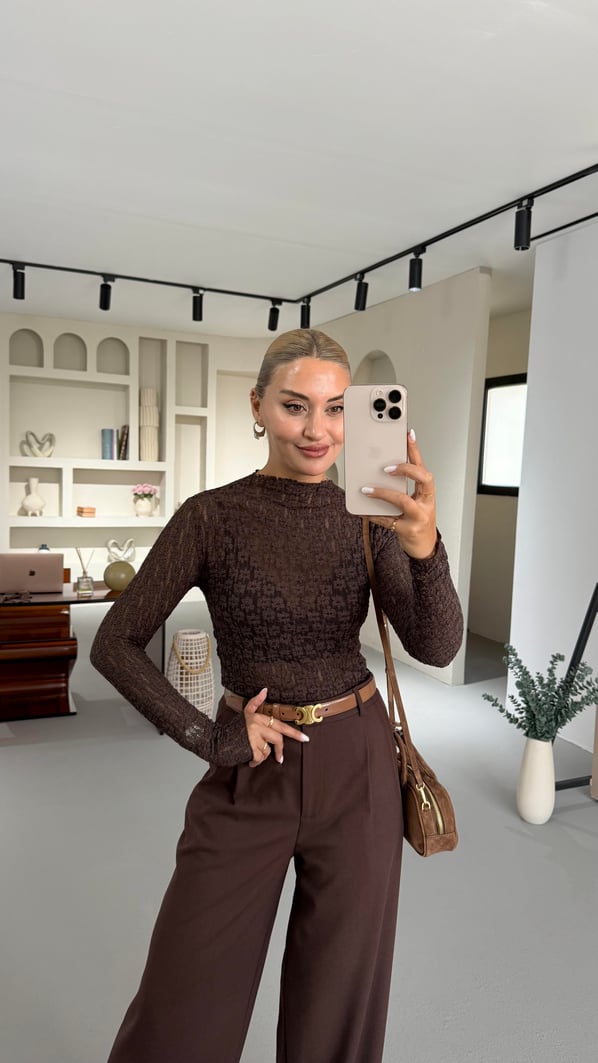 Transparan Kahve Dantel Bluz