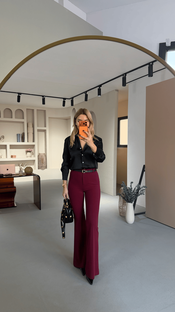 Kemerli İspanyol Paça Bordo Fit Pantolon