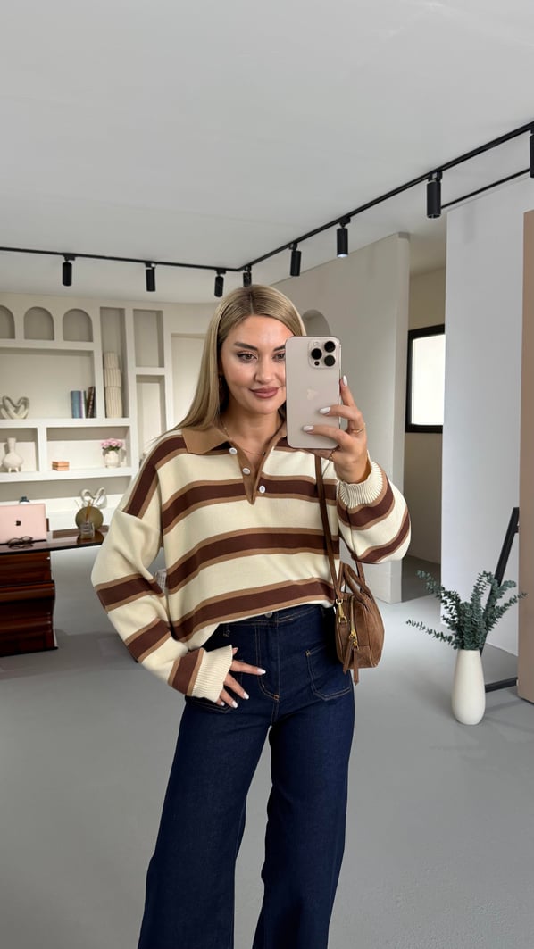 Polo Yaka Çizgili Krem Çelik Triko Kazak