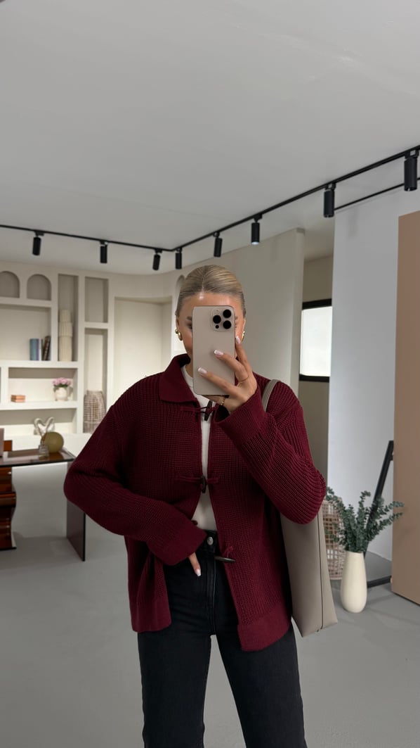 Premium Seri Kordon İlikli Selanik Örgü Bordo Hırka