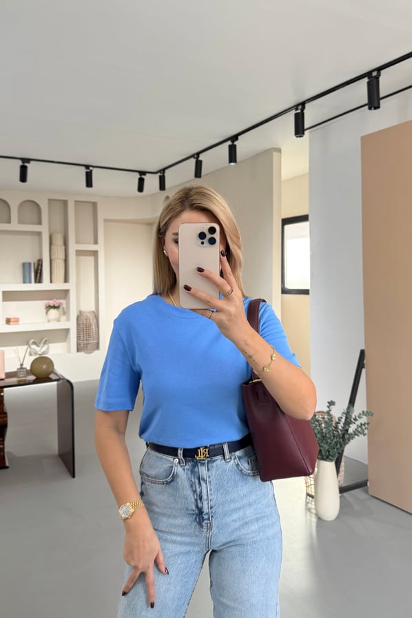 Premium Seri Bisiklet Yaka Pamuklu Mavi Basic Tshirt