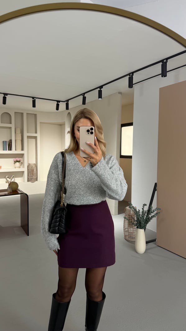 V Yaka Oversize Yumoş Gri Kazak