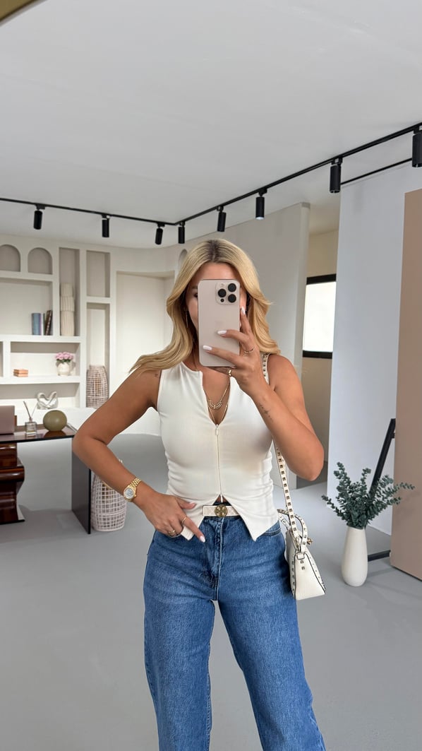 Çift Fermuar Detay Taş Bluz