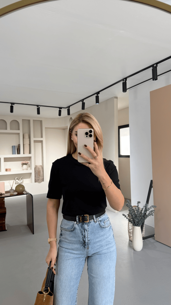 Premium Seri Bisiklet Yaka Pamuklu Siyah Basic Tshirt