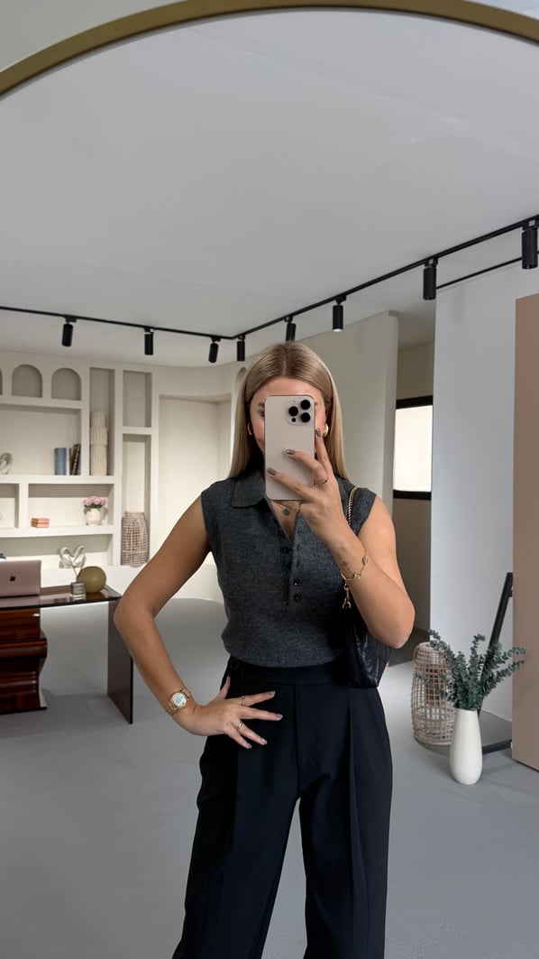 Kolsuz Polo Yaka Düğmeli Antrasit Triko