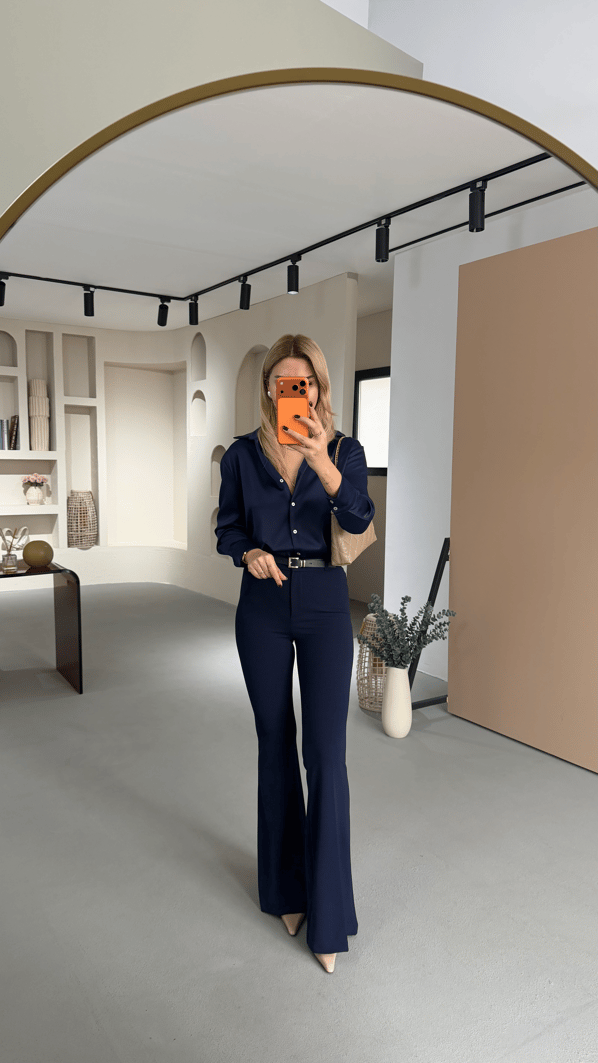 Kemerli İspanyol Paça Lacivert Fit Pantolon