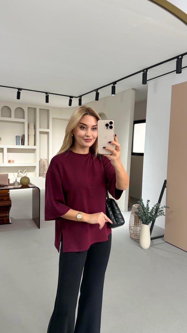 Yırtmaç Detay Oversize Bordo Tok Modal Basic Tshirt