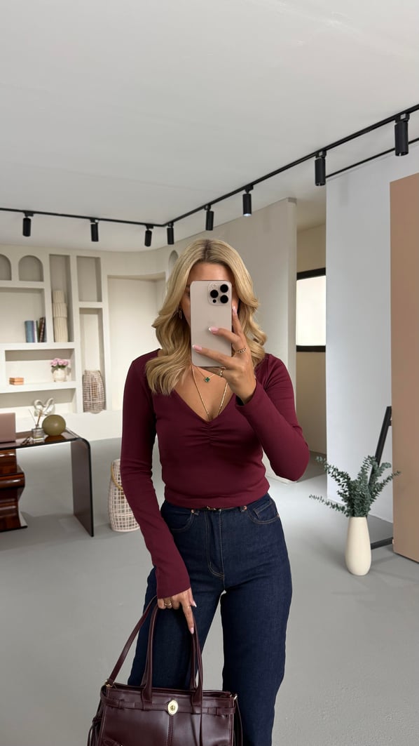 Drape Detay V Yaka Bordo Bluz