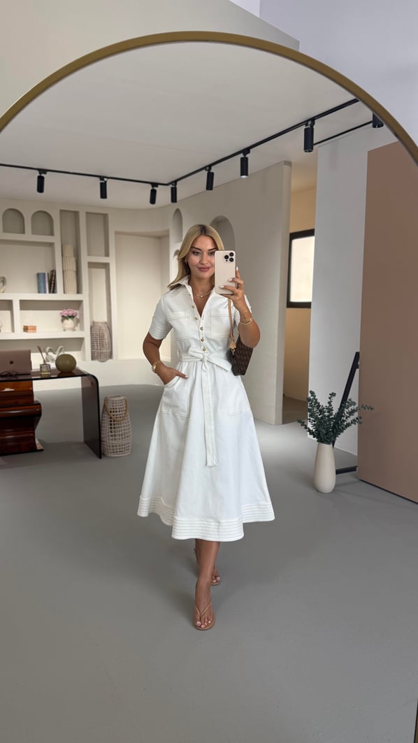 Dikiş Detay Yarım Kol Ekru Çan Denim Elbise