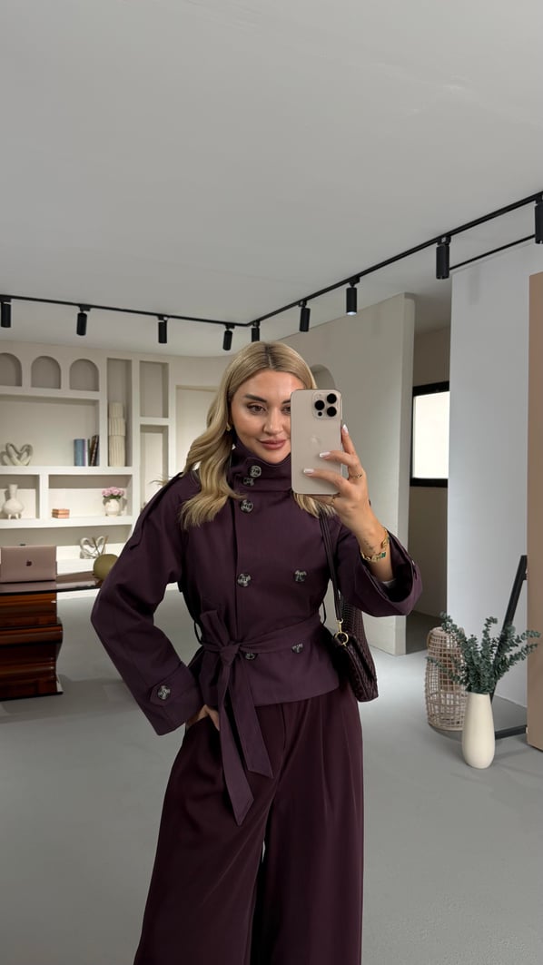 Apoletli Mürdüm Kısa Trenç