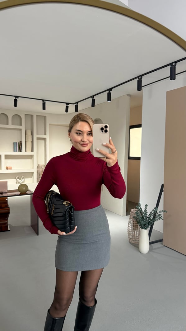 Premium Seri Bordo Balıkçı Yaka Pamuklu Basic Bluz