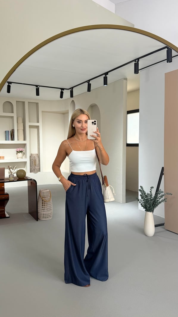 Bel Lastikli Lacivert Tensel Denim Bol Pantolon