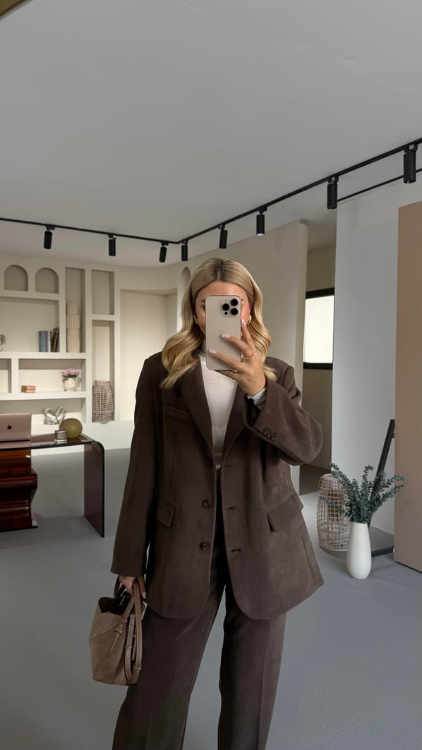 Maskülen Kahve Kadife Blazer Ceket