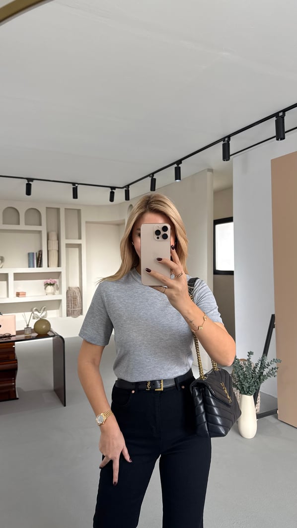 Premium Seri Bisiklet Yaka Pamuklu Melajlı Gri Basic Tshirt