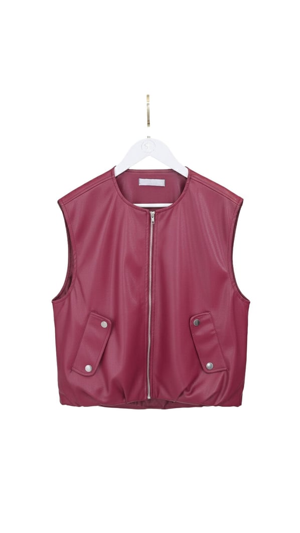 Fermuarlı Mürdüm Deri Yelek