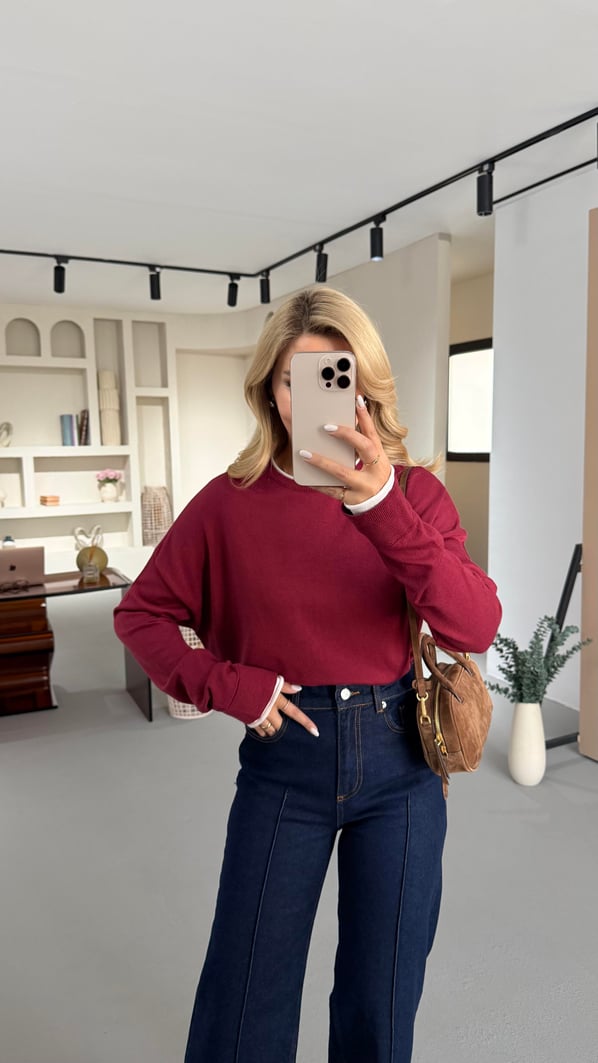 Biye Detay Yumuşak Dokulu Bordo Triko