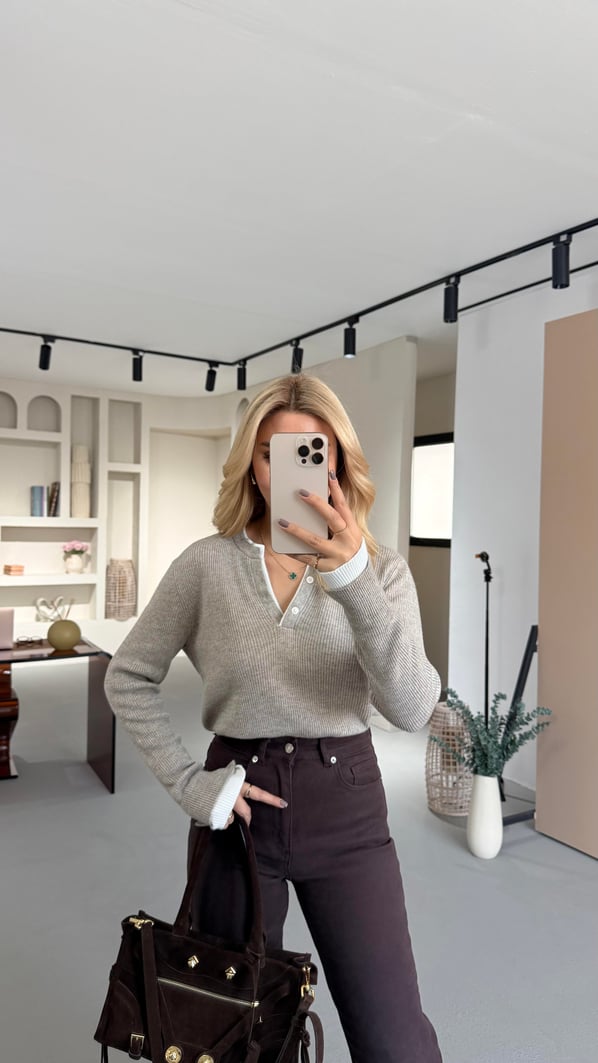 Biye Detay Düğmeli Vizon Triko