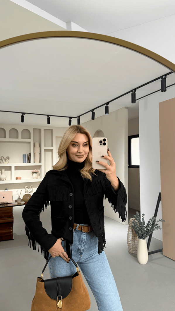 Püskül Detay Cepli Siyah Süet Ceket