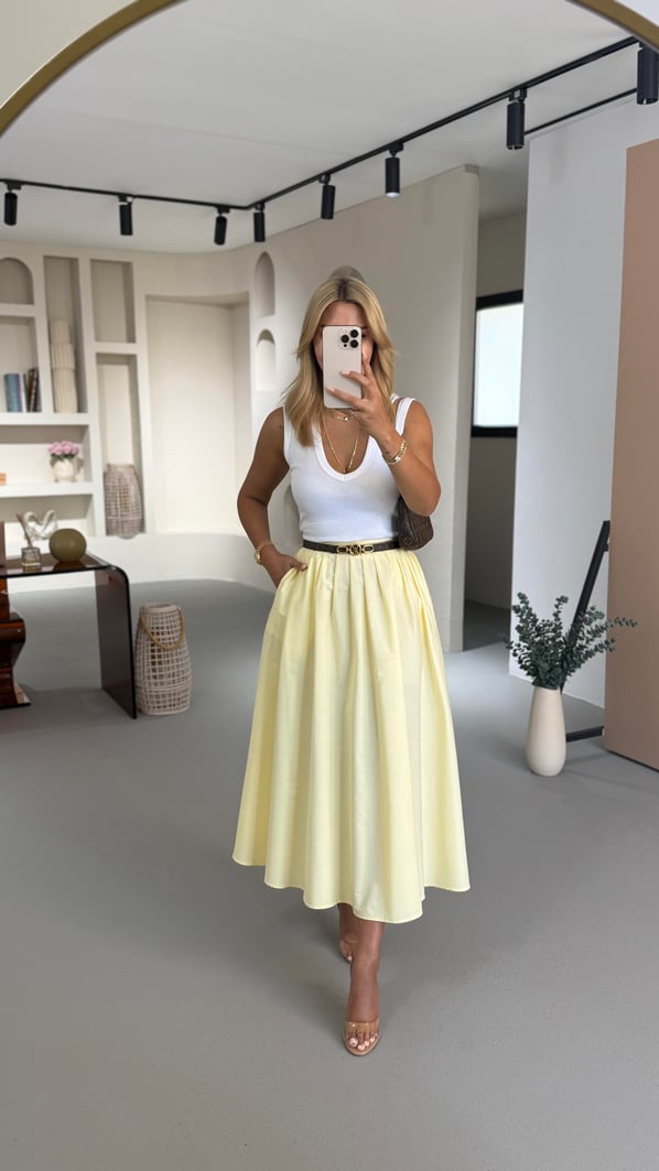Premium Seri Piliseli Sarı Poplin Çan Etek