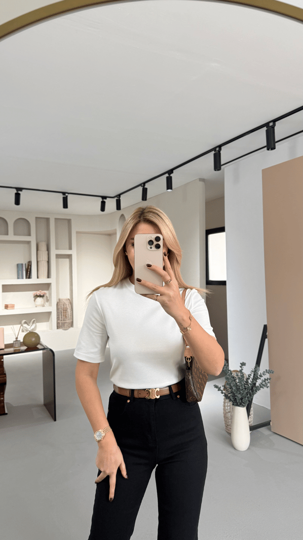 Premium Seri Bisiklet Yaka Pamuklu Beyaz Basic Tshirt