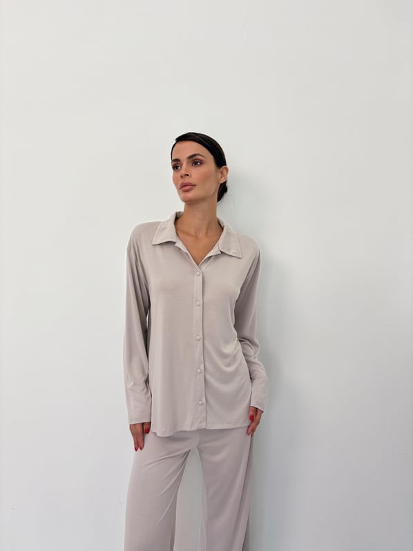 Yırtmaç Detay Dökümlü Taş Modal Pijama Gömlek