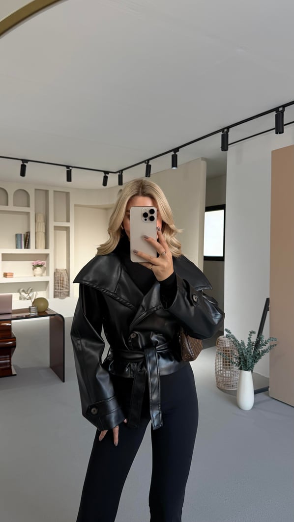 Kruvaze Kapamalı Dik Yaka Kuşaklı Siyah Deri Ceket