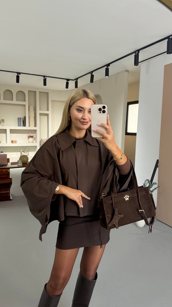 Fermuarlı Kahve Pelerin Trenç