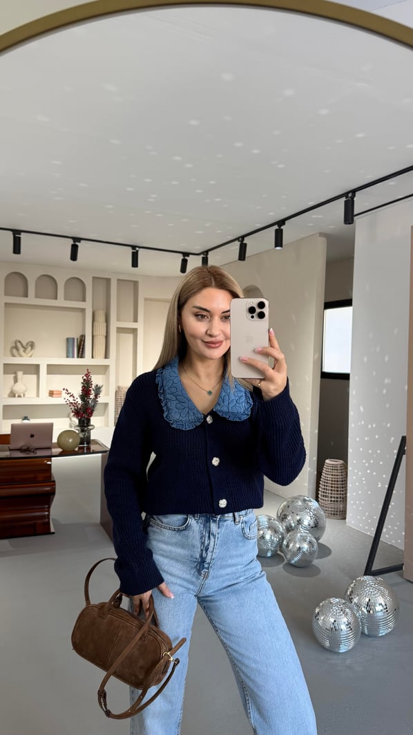 Kapitone Denim Yakalı Lacivert Hırka