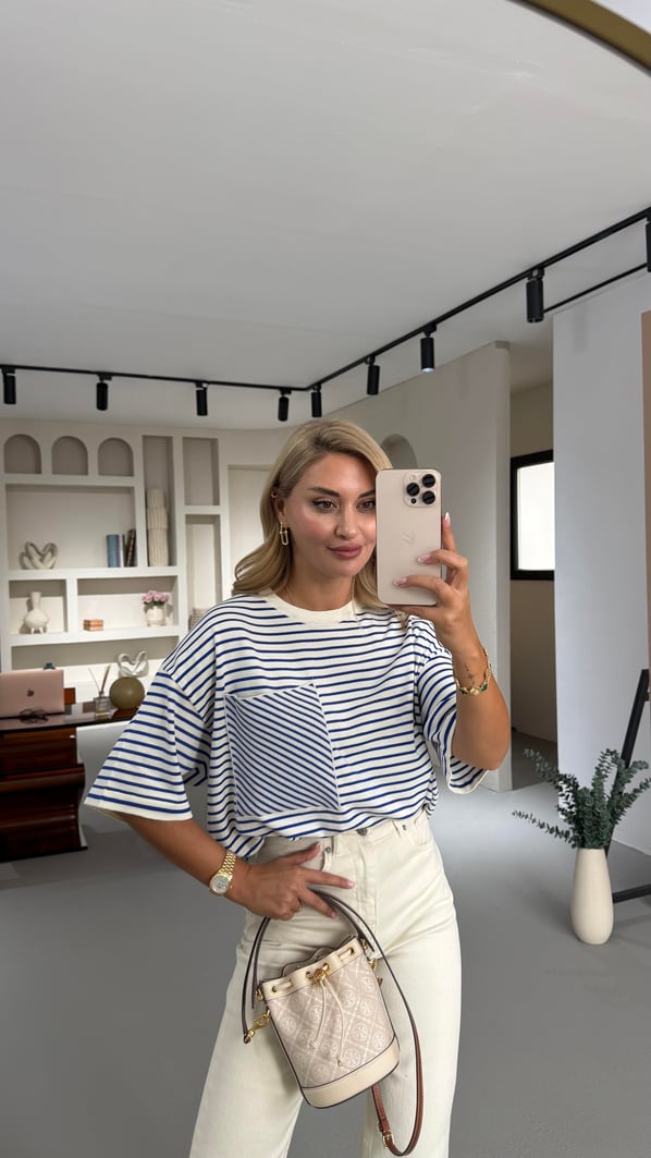 Cep Detay Saks Çizgili Oversize Triko