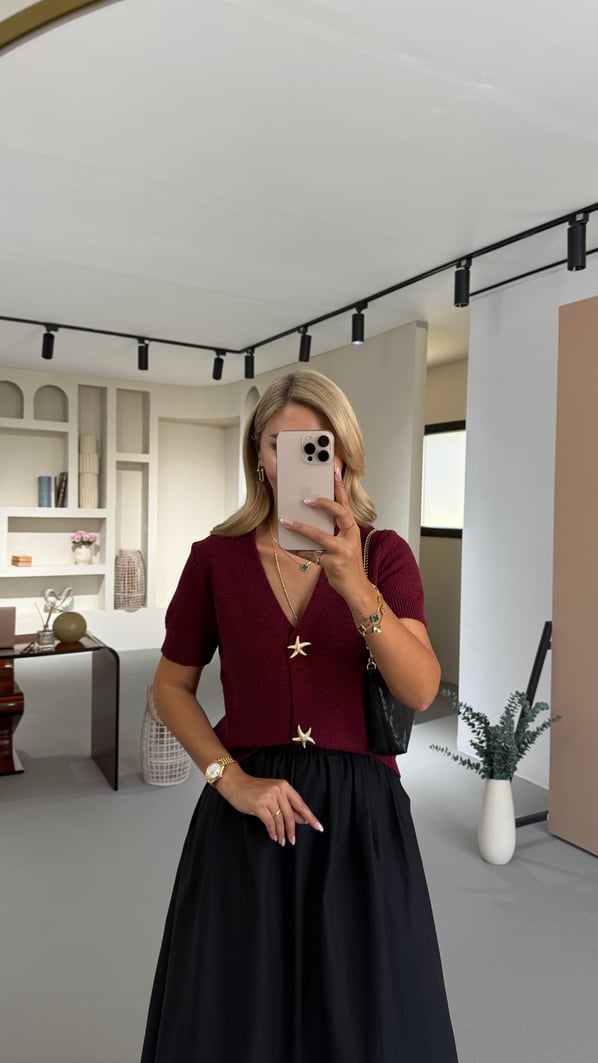 Deniz Yıldızı Aksesuarlı Petek Doku Bordo Hırka