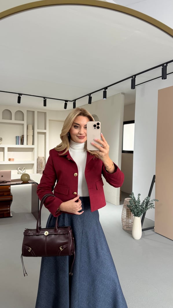 Gold Düğme Detay Süet Bordo Ceket