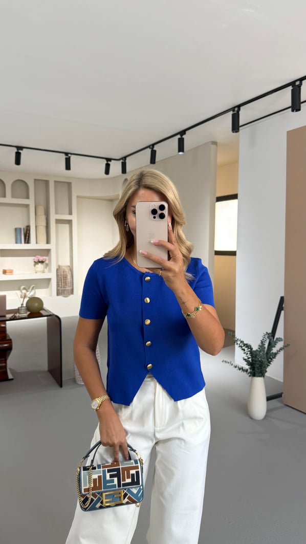 Gold Düğme Detay Kısa Kol Saks Triko Hırka