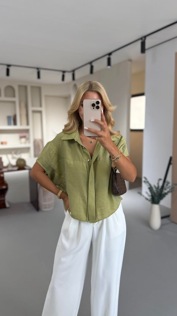 Olive Kısa Kol Tensel Modal Gömlek