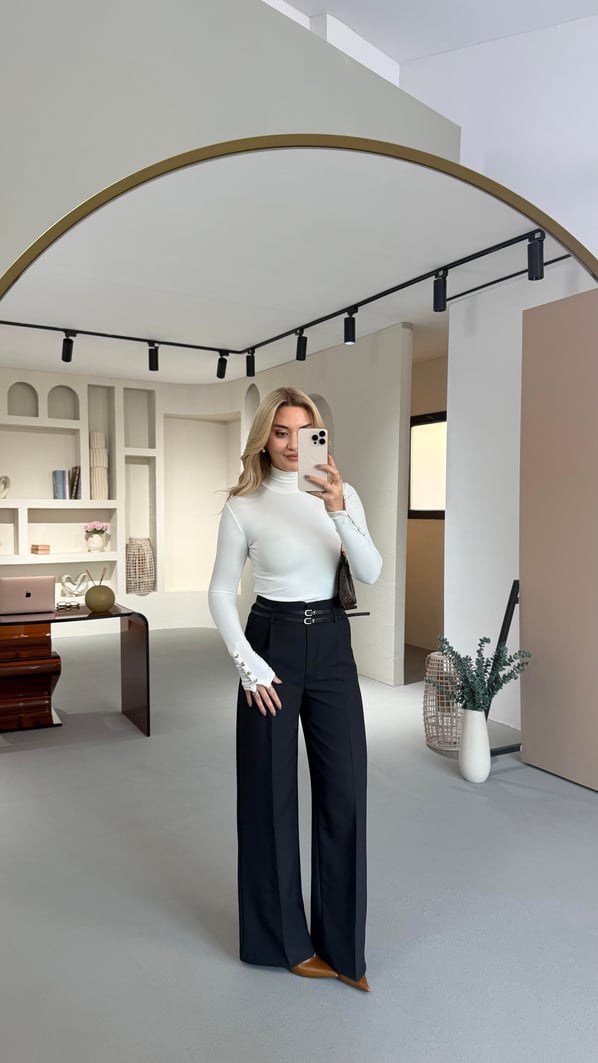 Çift Kemerli Duble Krep Siyah Palazzo Pantolon