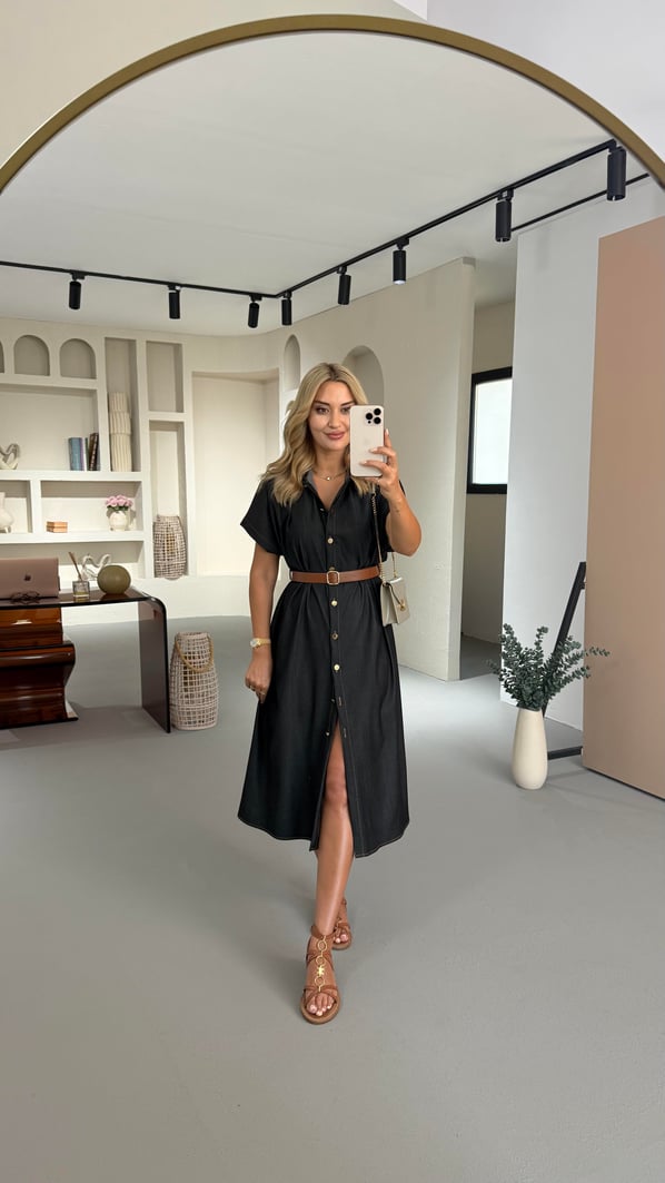 Boydan Düğmeli Kemer Detay Füme Tensel Denim Elbise