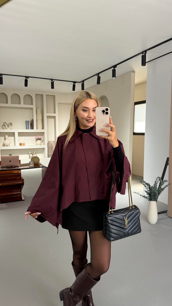 Fermuarlı Bordo Pelerin Trenç